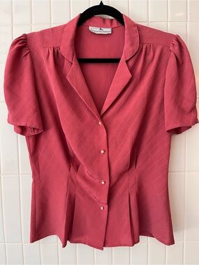 1980s Blouse Dusty Rose Peplum Mauve Pink Pearl Button Jonathan Martin Vintage